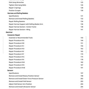 May include: A page from a manual with a table of contents. The text includes headings like "Disk Gang," "Harrows and Rolling Baskets," "Electrical," and "Sensors." Page numbers are listed to the right of each entry.
