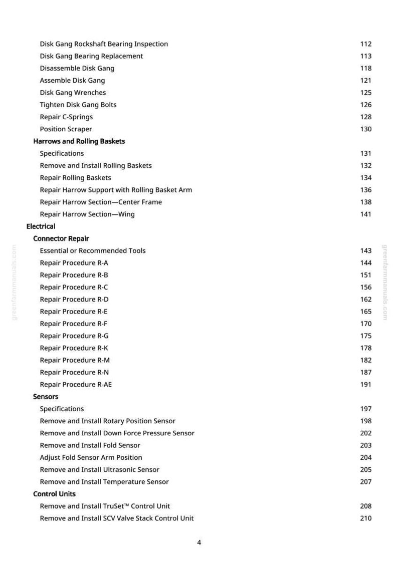 May include: A page from a manual with a table of contents. The text includes headings like "Disk Gang," "Harrows and Rolling Baskets," "Electrical," and "Sensors." Page numbers are listed to the right of each entry.