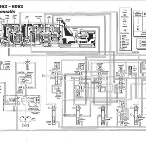 Pode incluir: Diagrama esquem&aacute;tico hidr&aacute;ulico em preto e branco intitulado "Allison CLT 5963 - 6063 Hydraulic Schematic". O diagrama inclui v&aacute;rios componentes, linhas e etiquetas de texto, com uma se&ccedil;&atilde;o detalhando as posi&ccedil;&otilde;es do seletor de marchas.