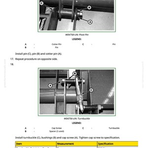 May include: Diagram of mechanical components with labels A, B, and C. Includes instructions for installing pins, cotter pins, and turnbuckles. The text includes torque specifications for a turnbuckle retaining cap screw.