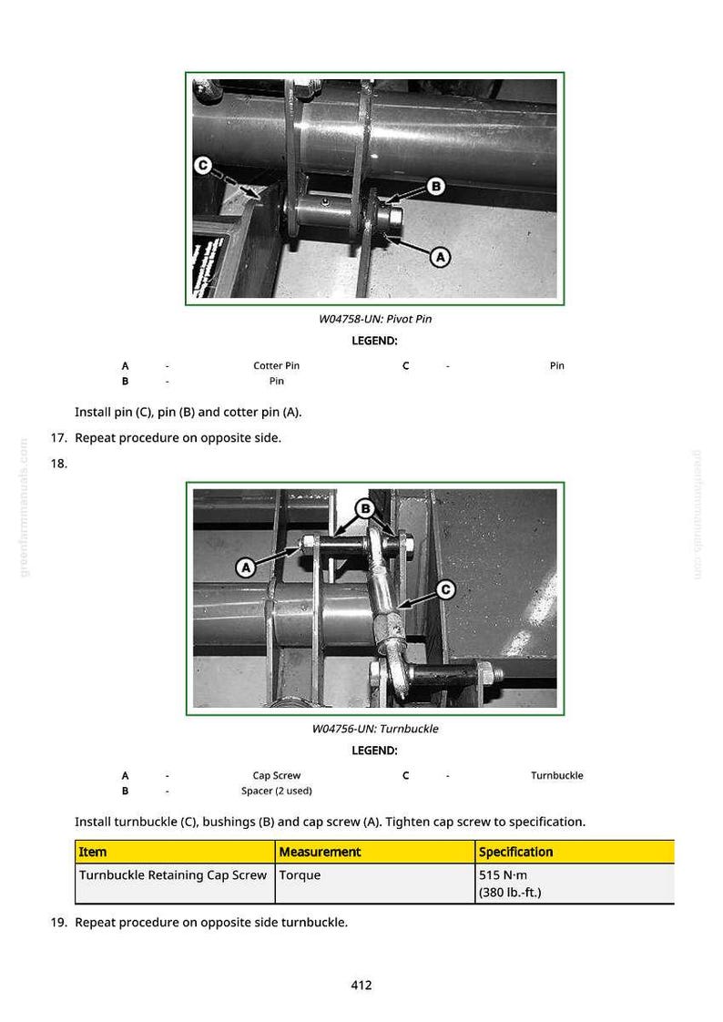 May include: Diagram of mechanical components with labels A, B, and C. Includes instructions for installing pins, cotter pins, and turnbuckles. The text includes torque specifications for a turnbuckle retaining cap screw.