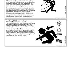 May include: A safety manual page with the title "Safety". The text warns about avoiding injury from thrown objects and using safety lights and devices. Diagrams illustrate safety procedures. The page includes the number "05-7".