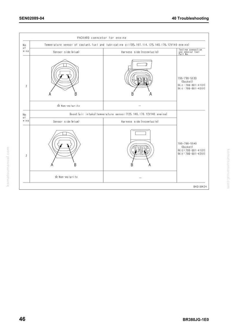 May include: Diagram of Packard connectors for engine components, including temperature sensors. The image shows detailed views of sensor and harness sides, with labels A and B. Text includes part numbers and specifications.