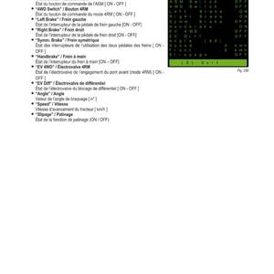 May include: A technical diagram with the title "R&Eacute;GLAGES OU TARAGES ET DIAGNOSTICS &Eacute;LECTRONIQUES" and a list of electronic diagnostics. The right side shows a table with ASM switch settings and other parameters.