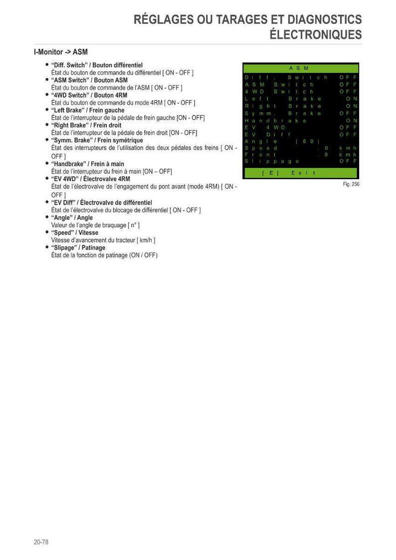 May include: A technical diagram with the title "R&Eacute;GLAGES OU TARAGES ET DIAGNOSTICS &Eacute;LECTRONIQUES" and a list of electronic diagnostics. The right side shows a table with ASM switch settings and other parameters.
