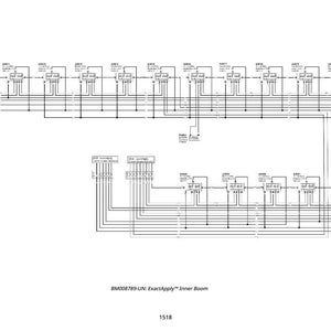 Op de afbeelding: Een gedetailleerd technisch diagram in zwart en wit, met talrijke onderling verbonden componenten en lijnen. Het diagram bevat labels zoals A401, A402 en andere, met de tekst "BM008789-UN: ExactApply Inner Boom" en het nummer 1518.