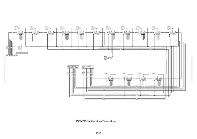 Op de afbeelding: Een gedetailleerd technisch diagram in zwart en wit, met talrijke onderling verbonden componenten en lijnen. Het diagram bevat labels zoals A401, A402 en andere, met de tekst "BM008789-UN: ExactApply Inner Boom" en het nummer 1518.