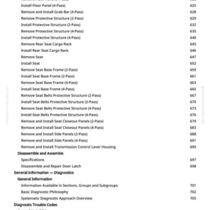 Pode incluir: Uma p&aacute;gina de manual com uma lista de procedimentos de reparo automotivo, incluindo a remo&ccedil;&atilde;o e instala&ccedil;&atilde;o de v&aacute;rios componentes, como pain&eacute;is, estruturas e arma&ccedil;&otilde;es. A p&aacute;gina tamb&eacute;m lista c&oacute;digos de diagn&oacute;stico.