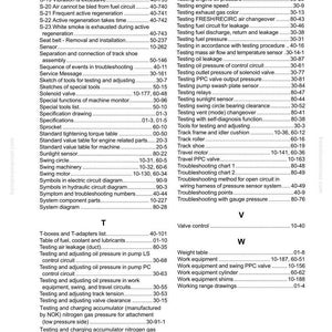 May include: An index page from a manual, listing various testing procedures and system components. The page includes a table of contents with page numbers, covering topics like engine oil pressure, fuel circuits, and troubleshooting.