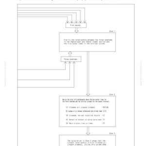 May include: Diagram illustrating a troubleshooting method, with steps and causal relationships. The text includes "Five causes," "Three symptoms," and details on air cleaner elements and injection nozzles. The image is from a manual.