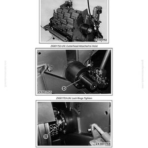 May include: Black and white technical diagrams illustrating the installation of a cutterhead. The diagrams show the cutterhead attached to a hoist, lock rings being tightened, and bearing clamping rings being tightened. Text includes "Installing Cutterhead" and part numbers.