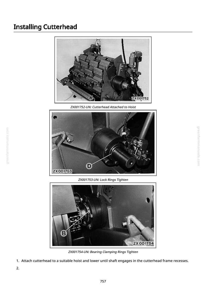 May include: Black and white technical diagrams illustrating the installation of a cutterhead. The diagrams show the cutterhead attached to a hoist, lock rings being tightened, and bearing clamping rings being tightened. Text includes "Installing Cutterhead" and part numbers.