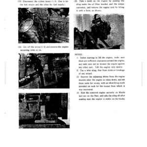 May include: A black and white diagram from a manual detailing engine removal. The text includes instructions for disconnecting hoses, removing wires, and using a hoist. The diagram shows various engine components and steps for disassembly.