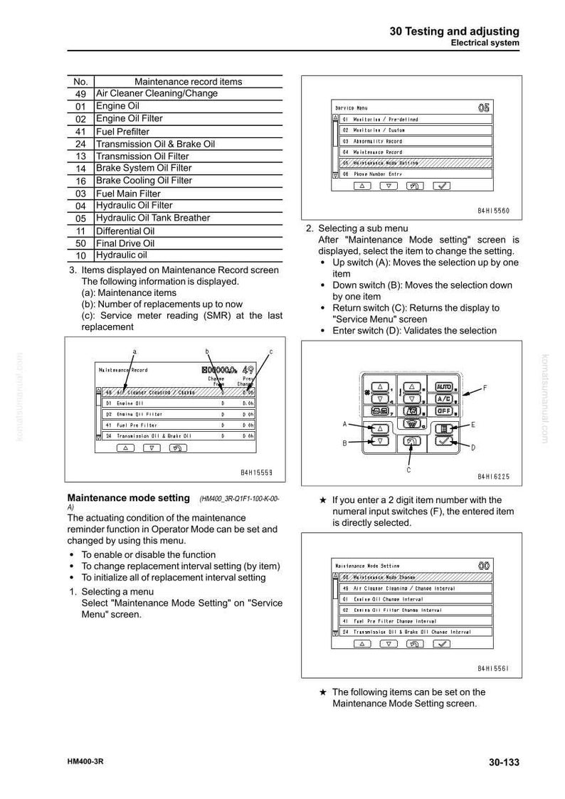 May include: A detailed diagram from an electrical system manual, featuring a table of maintenance record items and a menu for settings. The image includes text and diagrams for adjusting and testing.