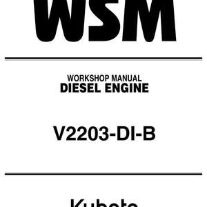 Puede incluir: Un fondo blanco con texto negro que dice "WSM", "WORKSHOP MANUAL DIESEL ENGINE" y "V2203-DI-B". El logotipo de Kubota est&aacute; en la parte inferior. El texto "KISC issued 12, 2006 A" est&aacute; en la esquina inferior derecha.