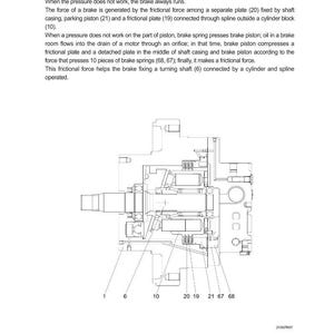 May include: Detailed technical diagram of a negative brake system, featuring labeled components such as the brake piston (21), shaft casing, and frictional plate (19). The diagram is a black and white illustration with numbered parts.