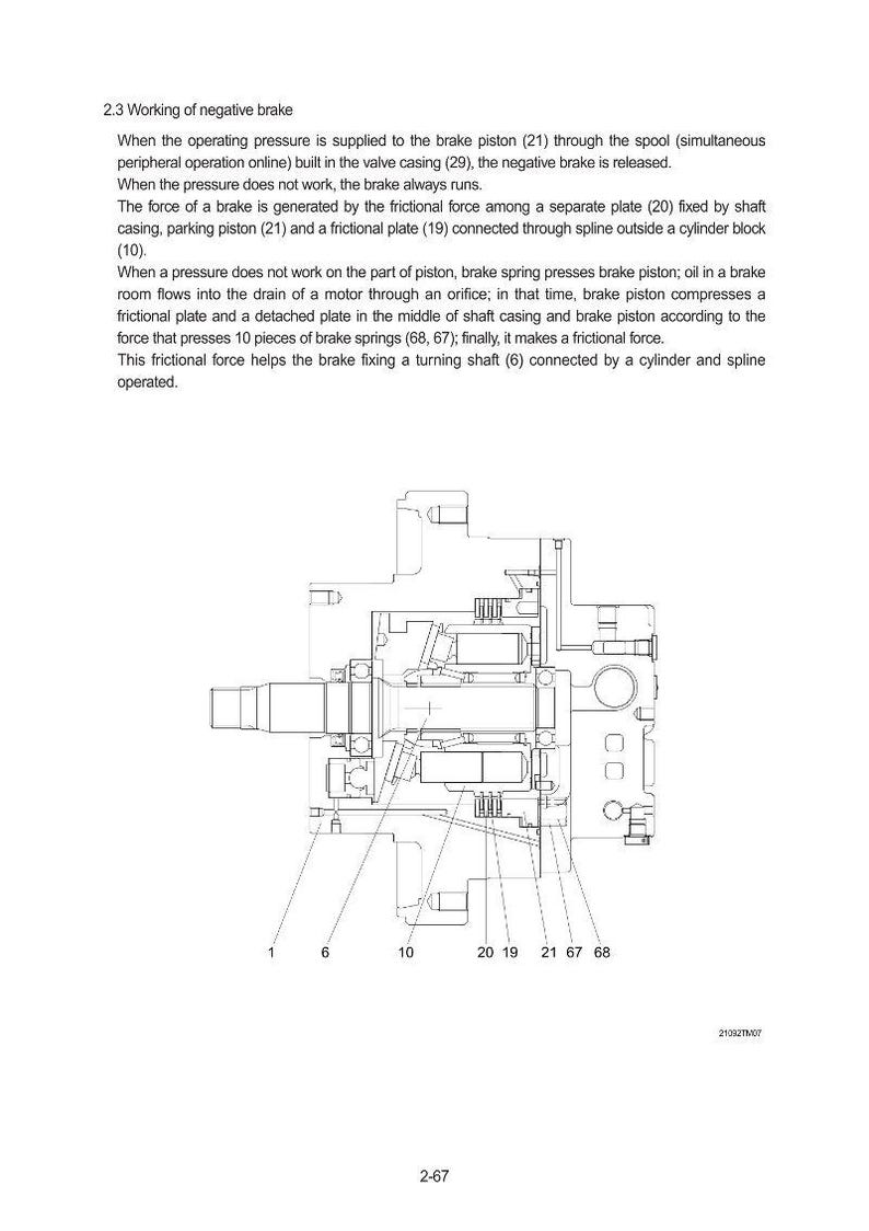 May include: Detailed technical diagram of a negative brake system, featuring labeled components such as the brake piston (21), shaft casing, and frictional plate (19). The diagram is a black and white illustration with numbered parts.