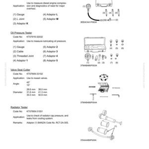 Pu&ograve; includere: Diagramma di vari strumenti automobilistici, tra cui un tester di compressione del motore diesel, un tester della pressione dell'olio, un taglia sedi valvole e un tester del radiatore. Misure in millimetri.