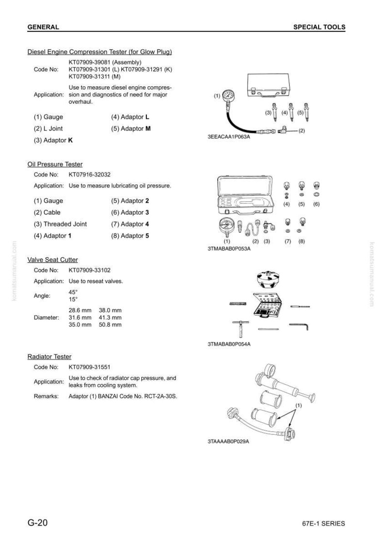 Pu&ograve; includere: Diagramma di vari strumenti automobilistici, tra cui un tester di compressione del motore diesel, un tester della pressione dell'olio, un taglia sedi valvole e un tester del radiatore. Misure in millimetri.