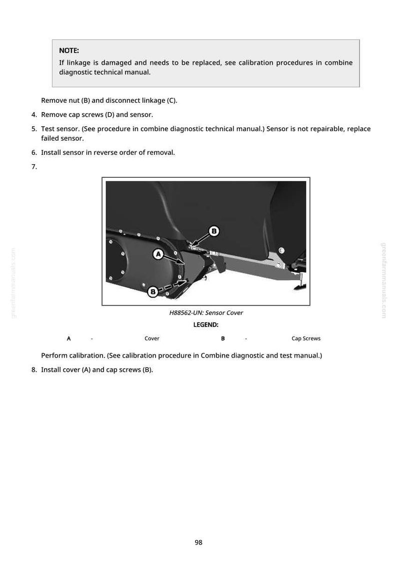 K&ouml;nnte beinhalten: Diagramm eines Sensorcovers mit den Bezeichnungen A und B und dem Text "H88562-UN: Sensor Cover". Das Bild stammt aus einem technischen Handbuch mit Anweisungen zum Aus- und Einbau.