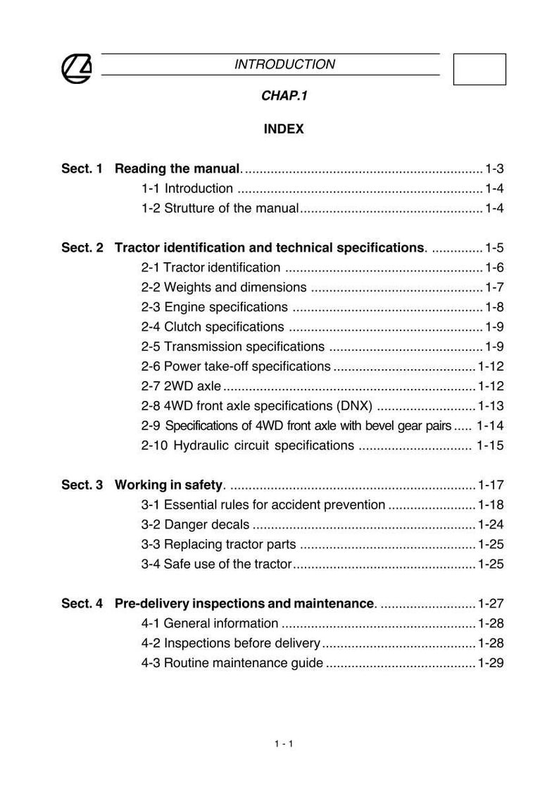 K&ouml;nnte beinhalten: Eine detaillierte Indexseite aus einem Handbuch mit Abschnitten zum Lesen des Handbuchs, zur Traktoridentifizierung, zu technischen Spezifikationen, zur Arbeitssicherheit und zu Vorlieferungsinspektionen. Enth&auml;lt ein Inhaltsverzeichnis mit Seitenzahlen.