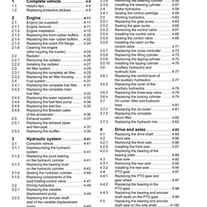 May include: A detailed table of contents from a Weidemann service manual, listing replacement and repair procedures for various vehicle systems, including engine, hydraulics, and axles. The document is printed on white paper.