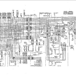 K&ouml;nnte beinhalten: Ein detailliertes Schwarz-Wei&szlig;-Schaltbild eines elektrischen Systems mit zahlreichen miteinander verbundenen Komponenten, Dr&auml;hten und Beschriftungen. Das Diagramm ist komplex, mit verschiedenen Symbolen und Textanmerkungen.