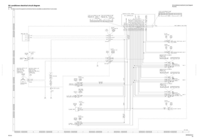 May include: An air conditioner electrical circuit diagram with text at the top. The diagram is a complex network of lines, symbols, and text labels, illustrating the electrical components and connections within the system.