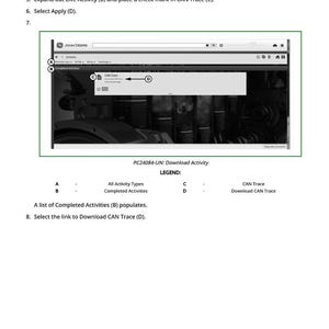 May include: Screenshot of a John Deere software interface. The image shows a window with options for filtering and viewing machine activity, including CAN Trace. Text includes instructions and a legend for the interface.