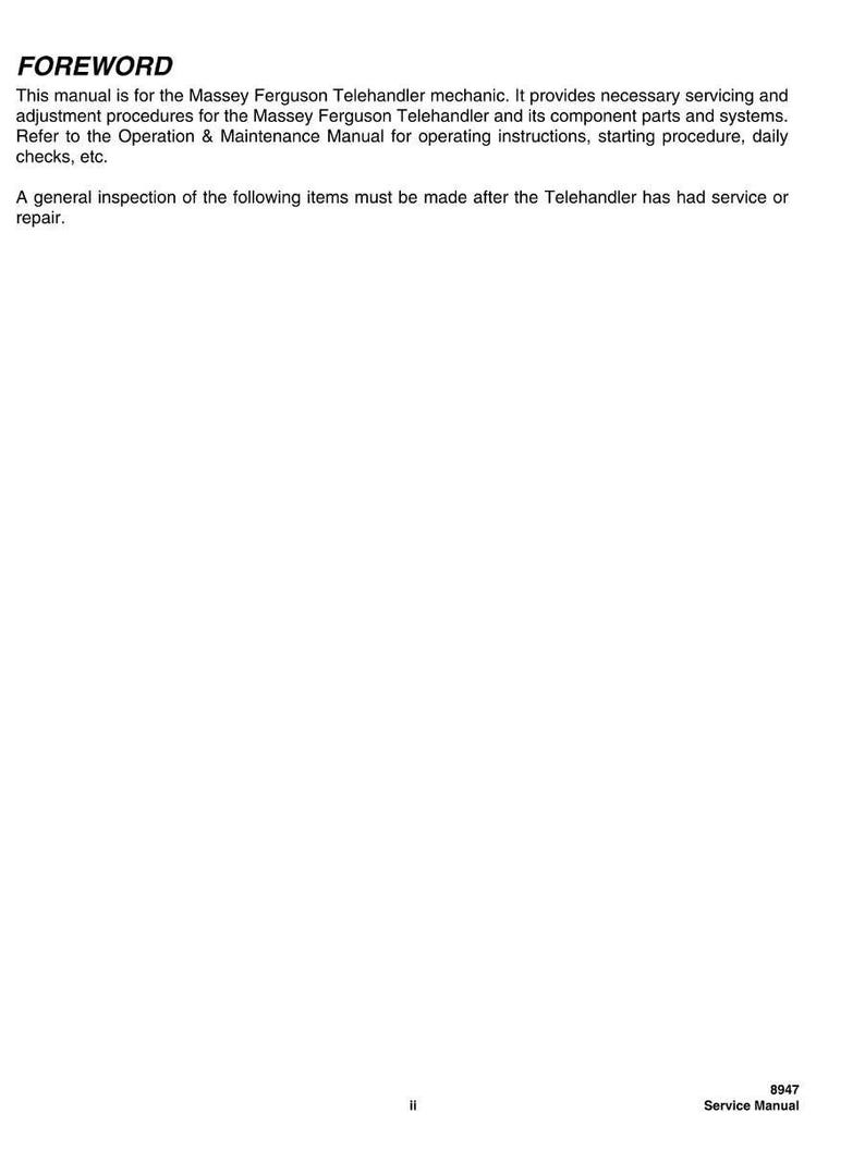 May include: A page from a service manual with the title "FOREWORD" at the top. The text describes the manual's purpose for the Massey Ferguson Telehandler mechanic, covering servicing, adjustment procedures, and inspection instructions. The bottom right corner shows "8947 Service Manual".