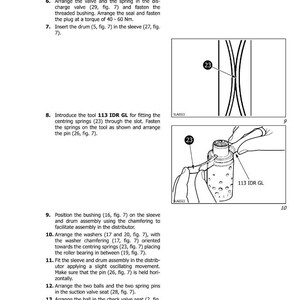 Op de afbeelding: Diagram uit een handleiding met stappen voor het monteren van een stuursysteem. Bevat illustraties van onderdelen en gereedschappen, met tekstinstructies. De tool 113 IDR GL wordt gebruikt om de centreerveer te plaatsen.