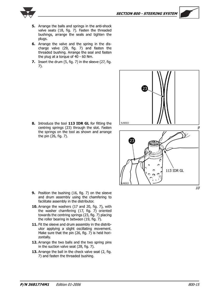 Op de afbeelding: Diagram uit een handleiding met stappen voor het monteren van een stuursysteem. Bevat illustraties van onderdelen en gereedschappen, met tekstinstructies. De tool 113 IDR GL wordt gebruikt om de centreerveer te plaatsen.