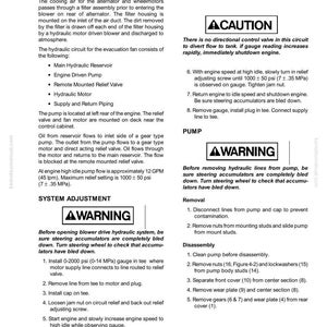 May include: A technical manual page titled "Alternator and Wheelmotor Cooling Air Filter System." It includes diagrams, warnings, and instructions for system adjustment, pump removal, and disassembly. The page has the text "ACAUTION" and "AWARNING".