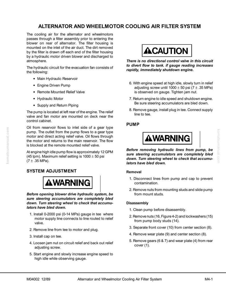 May include: A technical manual page titled "Alternator and Wheelmotor Cooling Air Filter System." It includes diagrams, warnings, and instructions for system adjustment, pump removal, and disassembly. The page has the text "ACAUTION" and "AWARNING".