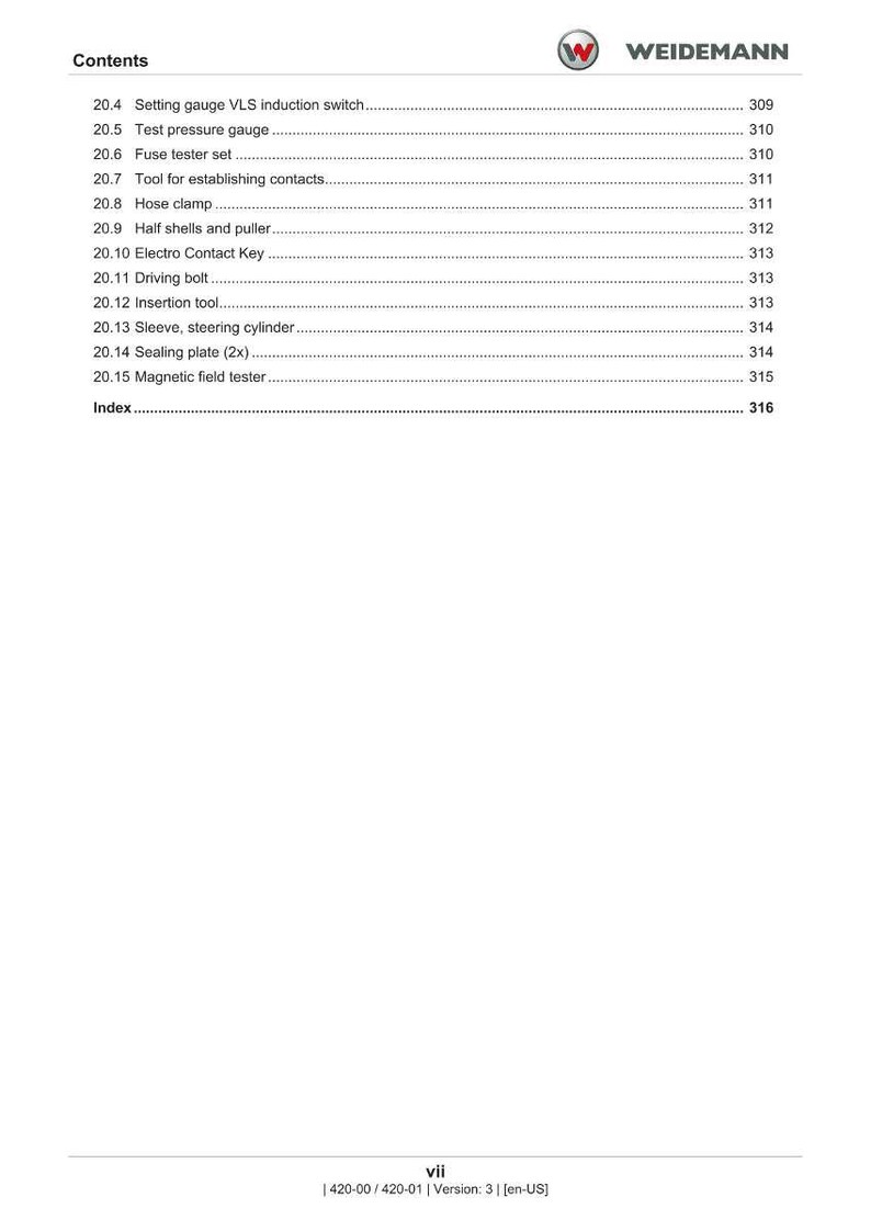 May include: A white page from a Weidemann product manual, featuring a table of contents. The list details items like a setting gauge, test pressure gauge, and magnetic field tester. The Weidemann logo is visible in the top right corner.