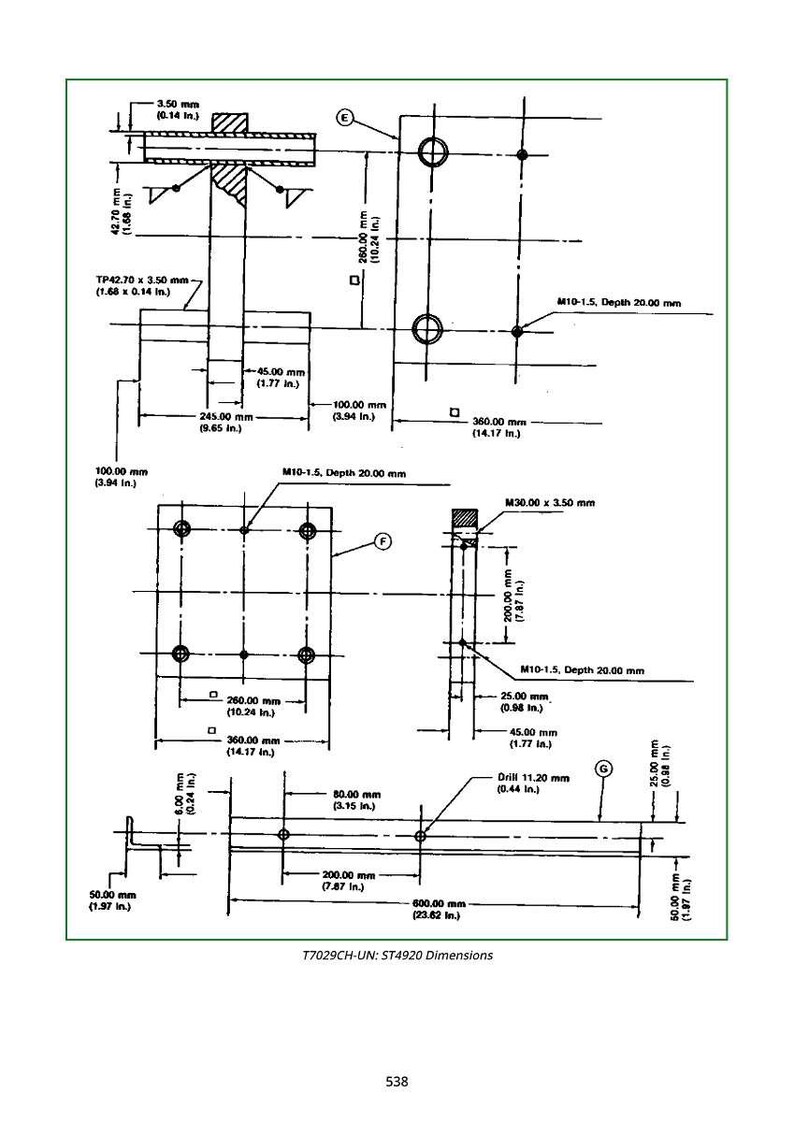 Puede incluir: Dibujo t&eacute;cnico con dimensiones en mil&iacute;metros y pulgadas. El diagrama incluye m&uacute;ltiples vistas de un componente mec&aacute;nico, con anotaciones para tama&ntilde;os de agujeros, profundidades y medidas generales. El texto "T7029CH-UN: ST4920 Dimensions" est&aacute; en la parte inferior.