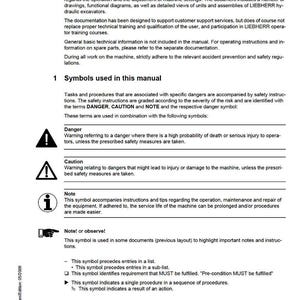 May include: A service manual page titled "Introduction" with safety symbols. The manual explains technical data, design, and functional descriptions for hydraulic excavators. Symbols include danger, caution, and note indicators, with explanations.
