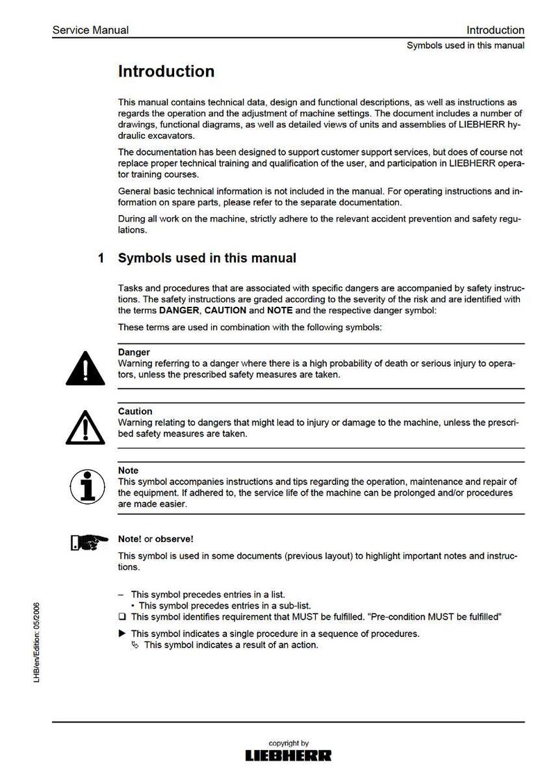 May include: A service manual page titled "Introduction" with safety symbols. The manual explains technical data, design, and functional descriptions for hydraulic excavators. Symbols include danger, caution, and note indicators, with explanations.