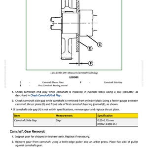 May include: Diagram of a camshaft assembly with labels for thrust plate, bearing journal, and side gap. Includes specifications for camshaft side gap: 0.002-0.006 inches. Text details camshaft gear removal and installation.