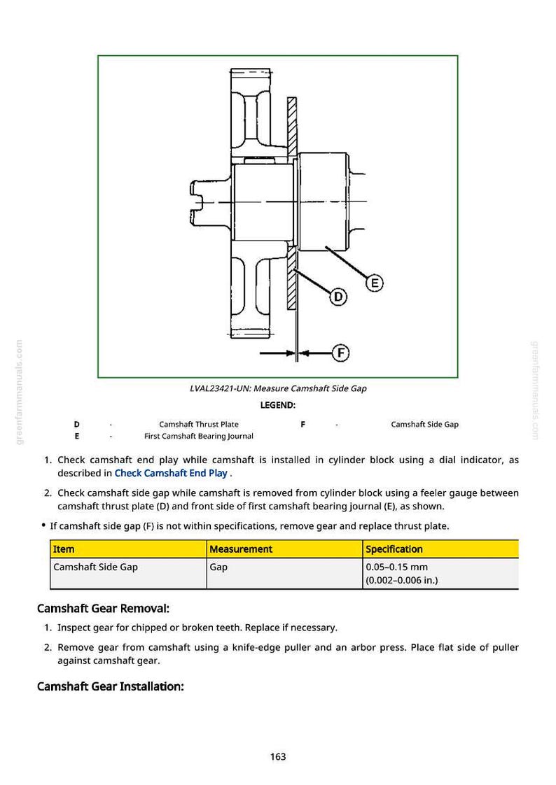 May include: Diagram of a camshaft assembly with labels for thrust plate, bearing journal, and side gap. Includes specifications for camshaft side gap: 0.002-0.006 inches. Text details camshaft gear removal and installation.