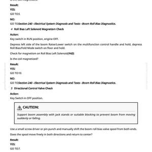 May include: A page from a manual with text detailing diagnostic checks for a machine. The text includes instructions, results, and safety warnings. The document is in black text on a white background.