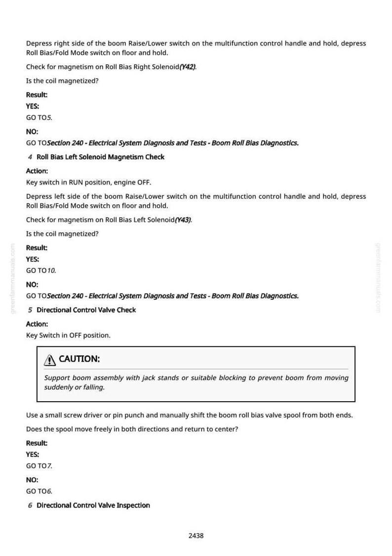 May include: A page from a manual with text detailing diagnostic checks for a machine. The text includes instructions, results, and safety warnings. The document is in black text on a white background.
