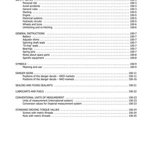 May include: A white page from a manual with the title "SECTION 100 - GENERAL INFORMATION" and a table of contents. The table lists safety notes, general instructions, symbols, danger signs, and other technical information.