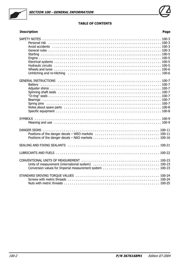 May include: A white page from a manual with the title "SECTION 100 - GENERAL INFORMATION" and a table of contents. The table lists safety notes, general instructions, symbols, danger signs, and other technical information.