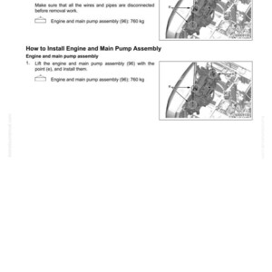 Pu&ograve; includere: Diagramma da un manuale che mostra lo smontaggio e il montaggio di un motore e di una pompa principale. L'immagine include illustrazioni dei componenti del motore, con etichette e istruzioni. Il testo indica che il gruppo motore e pompa principale pesa 760 kg.