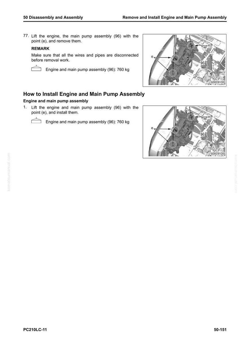 Pu&ograve; includere: Diagramma da un manuale che mostra lo smontaggio e il montaggio di un motore e di una pompa principale. L'immagine include illustrazioni dei componenti del motore, con etichette e istruzioni. Il testo indica che il gruppo motore e pompa principale pesa 760 kg.