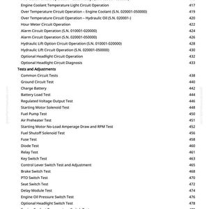 May include: A detailed list of tests and adjustments for a machine, including PTO clutch circuit operation, engine coolant tests, and hydraulic lift options. The text is in black font on a white background, with page numbers.