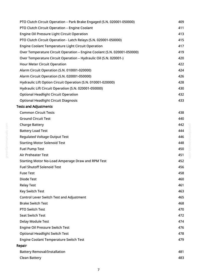 May include: A detailed list of tests and adjustments for a machine, including PTO clutch circuit operation, engine coolant tests, and hydraulic lift options. The text is in black font on a white background, with page numbers.