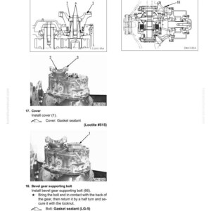May include: Diagrams and photographs illustrate the disassembly and assembly of a mechanical component. The images show detailed views of parts, including a cover, bolts, and sealant, with labels and instructions for assembly.