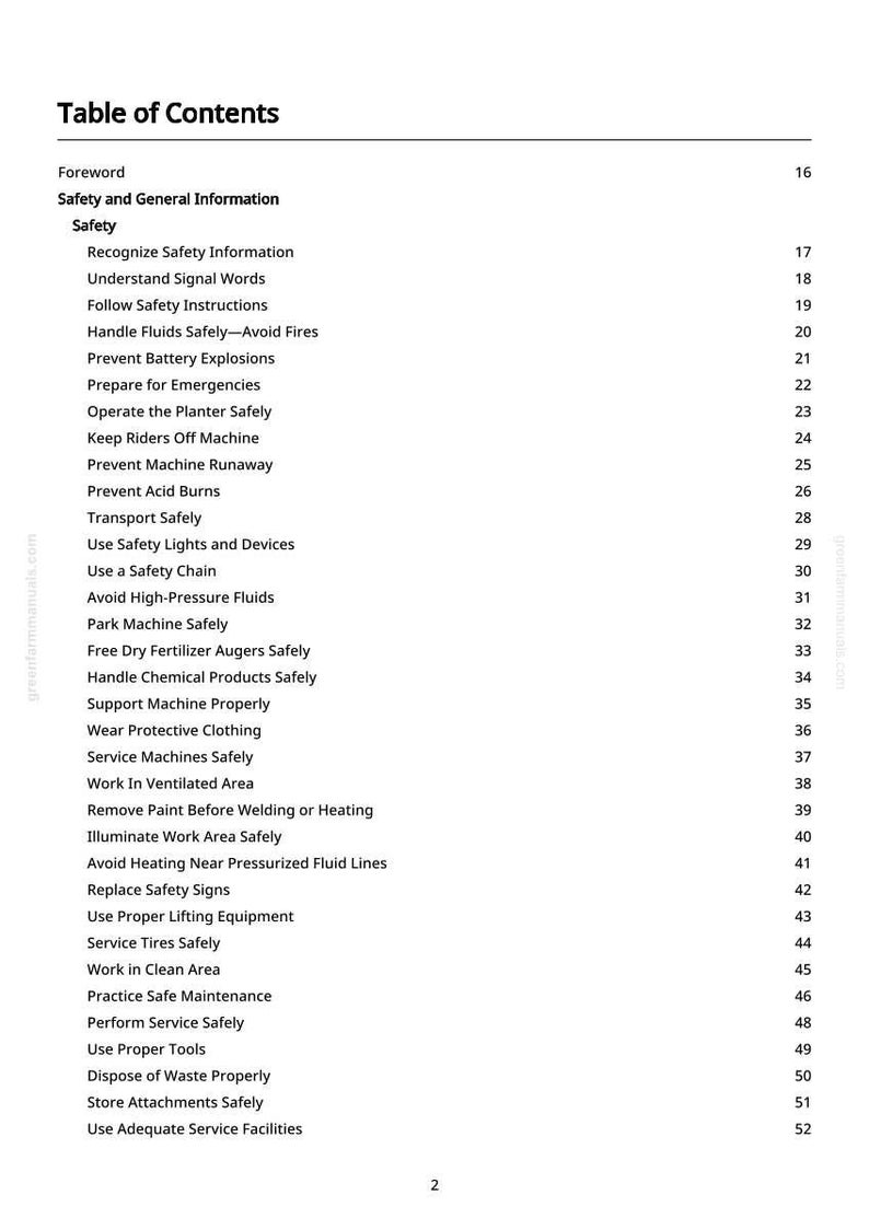 May include: A printed "Table of Contents" from a manual, listing safety topics like "Prevent Battery Explosions" and "Use Safety Lights and Devices". The page number is 2.